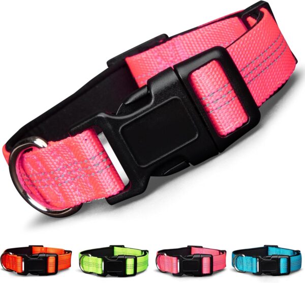 BLAZIN 'Color Me Happy!' Reflective Dog Collar for Day and Night - Adjustable Soft Neoprene Padded Dog Collar in 4 Vibrant Colors - Keeps Dogs Safe and Stylish - for Every Day Use (Medium, Pink)