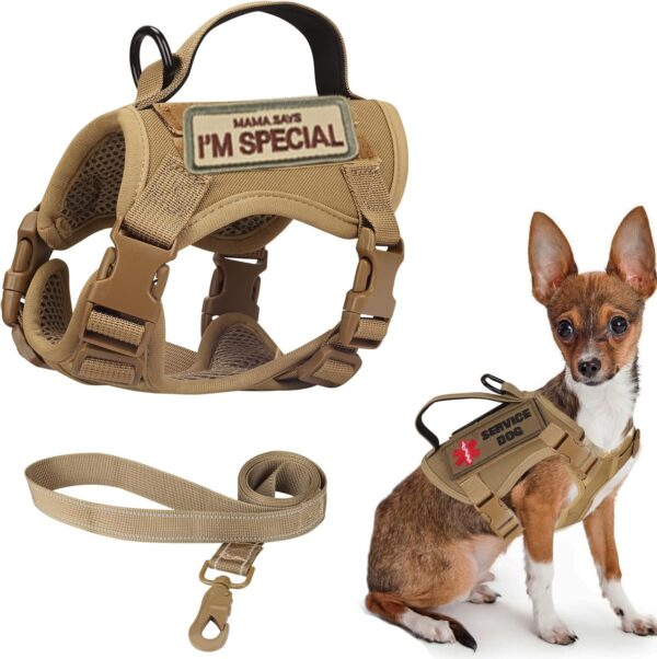 Tactical Dog Harness for Small Dogs, Military Puppy Vest Outdoor Training Dog Harness and Leash, Adjustable Service Dog Vest Harness with Handle，3 Patches