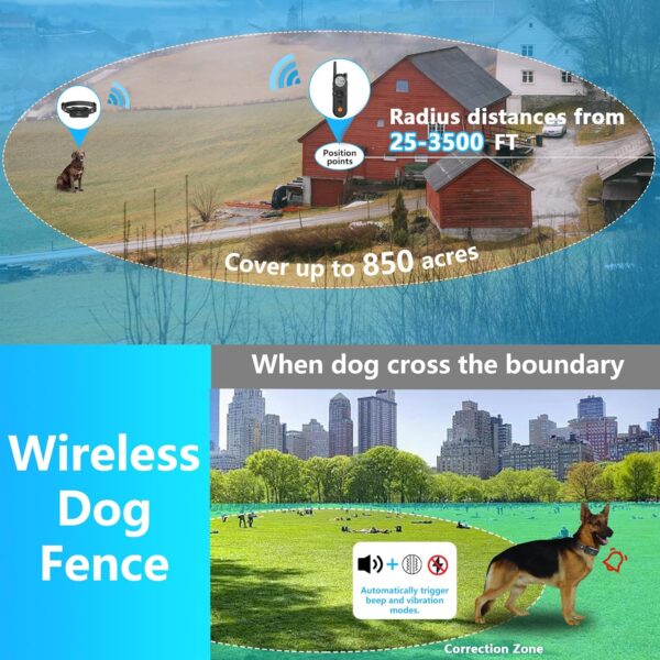 Wireless Dog Fence for 2 Dogs, 3500ft Electric Dog Fence and 6100Ft Remote Training,185 Days Batterry Rechargeble,IPX7 Waterproof Collar, 3 Modes for Dogs (Black for 2 Dogs) - Image 2