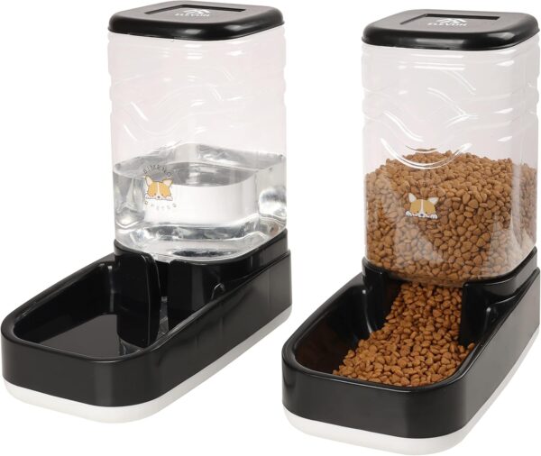 Automatic Dog Cat Gravity Food and Water Dispenser Set with Pet Food Bowl for Small Large Pets Puppy Kitten Rabbit Large Capacity(Black, 3.8L)