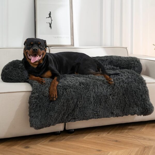 Dog Bed,Calming Dog Beds for Large Dogs Cats,Fluffy Non-Slip 50"x39"x8"Dog Bed Couch Protector with Removable Pet Soft Neck Bolster,Washable Dog Bed Cover with Hidden Zipper（Dark Grey）