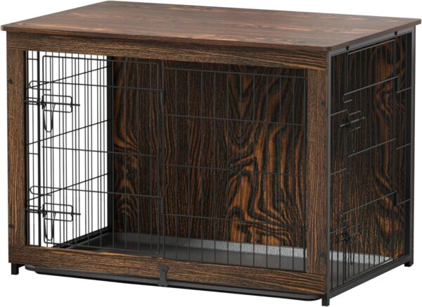 Wooden Dog Crate Furniture with Cushion, Dog Crate End Table with Tray, Double Doors Dog Crate(L:37" L*25" W*26" H, Rustic Style) - Image 2