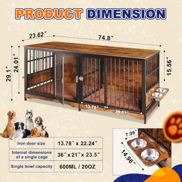 75'' Dog Crate Furniture Large Storage TV Stand with Dual Cushion / 4 Bowls/Double Rooms, Wooden Dog Kennel Dog Crate End Table with Removable Divider for Large Medium Dogs, Rustic Brown - Image 5