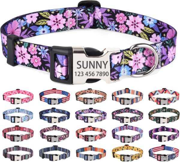 Personalized Dog Collars, Customized Dog Collar with Name and Phone Number, 10 Colors & 4 Sizes Floral Dog Collar for Puppy Small Medium Large Dogs(Pink Floral,XS)