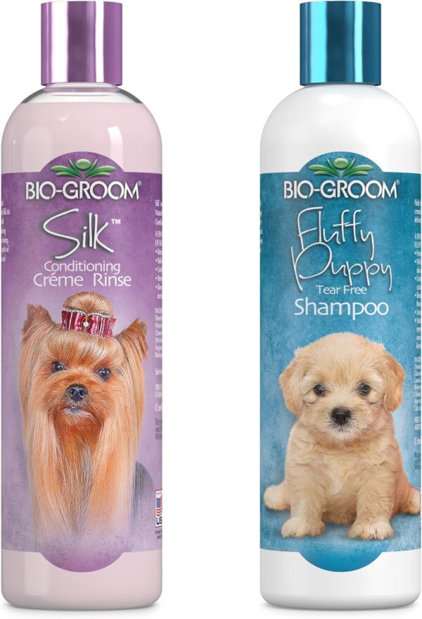 Bio-Groom Fluffy Puppy Shampoo and Silk Creme Rinse Conditioner - Dog Bathing Supplies, Puppy Shampoo, Puppy Conditioner, Cat & Dog Grooming Supplies for Sensitive Skin - 12 Fl Oz Each, 1-Pack