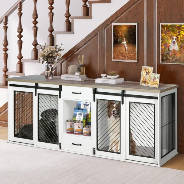 Extra Large Dog Crate Furniture, 85" Sliding Door Double Kennel for 2 Large Dogs Divided, Heavy Duty Wooden Dog Crate Kennel Furniture with 4 Dog Bowls and Drawer Indoor, White - Image 9