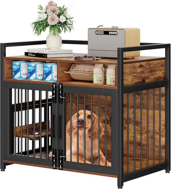 Large Dog Crate Furniture, 41inch Furniture Dog Crate with Drawers Storage, 360°and Adjustable Raised Feeder, Wooden Dog Crate for Large/Medium Dog Indoor brown 41inch