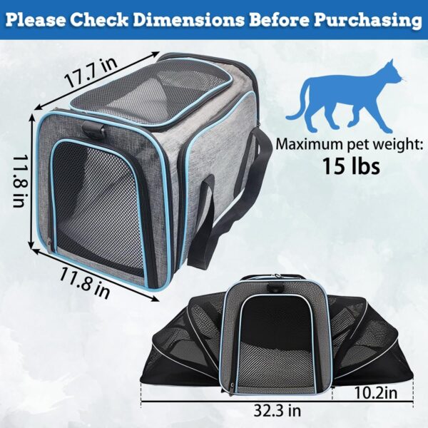 kathson Cat Dog Carrier Airline Approved, 2 Sides Expandable Portable Foldable Soft Sided Pet Travel Carrier, Pet Hand Bag with Removable Pad for Cats/Puppy and Small Animals (Gray with Blue Trim) - Image 2