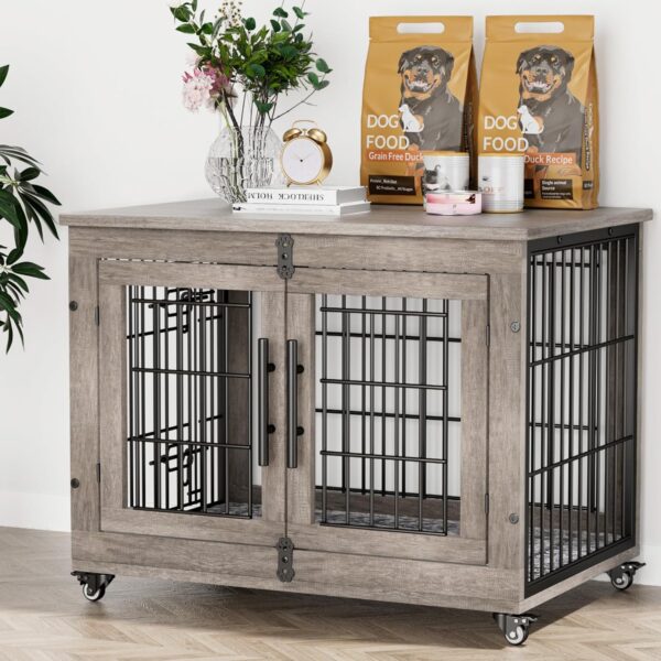 Lulive Dog Crate Furniture, Dog Kennel Indoor Double Doors Wooden Dog Cage, 33'' Heavy Duty Dog Crate with Cushion & Wheels, Decorative End Table Pet House Chew-Resistant for Medium/Small Dog, Grey