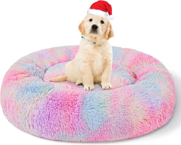 Patas Lague Calming Dog Bed for Small Dogs, Fluffy Soft Cozy Cat Bed, Faux Fur Anti-Anxiety Plush Donut Cuddler, Washable Pet Bed for All Seasons (20 in, Mixed Rainbow)