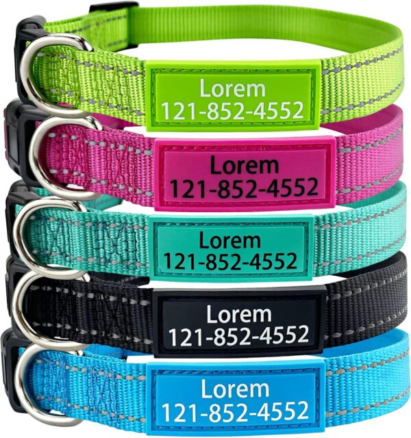 Personalized Dog Collar, Custom ID Collar Reflective Nylon Collar with Pet Name and Phone Number 4 Adjustable Sizes X-Small Small Medium Large Quick Release Buckle and D-Ring (Solid)