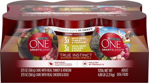 Purina ONE True Instinct Tender Cuts in Gravy with Real Turkey and Venison, and with Real Chicken and Duck High Protein Wet Dog Food Variety Pack - 13 Ounce (Pack of 6)