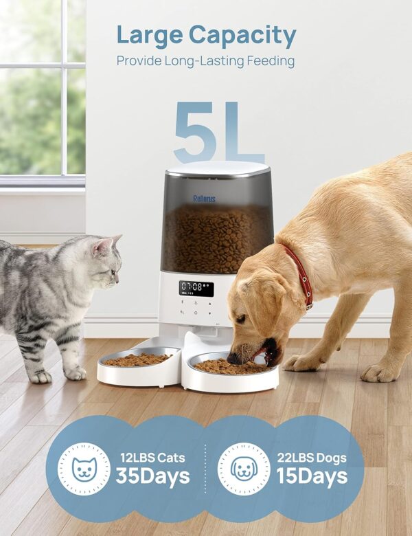 Rellorus Automatic Cat Feeders, 5L/21Cups Cat Food Dispenser for Two Cats, Timed Cat Feeder with Double Bowls, 48 Portions 6 Meals Per Day for Cat and Small Dog, Memory Function, 10s Meal Call - Image 7