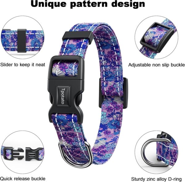 Reflective Combination Pattern Girl Dog Collar for Puppy Small Medium Large Breed Dogs,Female Cute Floral Designer Dog Collars,Adjustable Soft Nylon Pet Collar,Quick Release Dog Collar M - Image 3