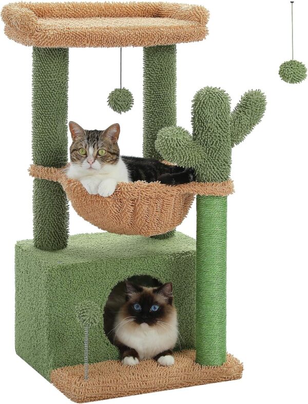 PEQULTI 4-in-1 Cactus Cat Tree, 33'' Cat Tower for Indoor Cats with Large Cat Condo, Cat Scratching Post for Cats with Deep Hammock& Cozy Top Perch,Green