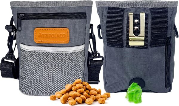 Dog Treat Pouch, Versatile Treat Pouches for Pet Training Easily Holds 2 Cups Kibble, Toys, Phone & Keys, Dog Treat Bags Training Pouch Built-in Poop Bag Dispenser for Walking, Gray