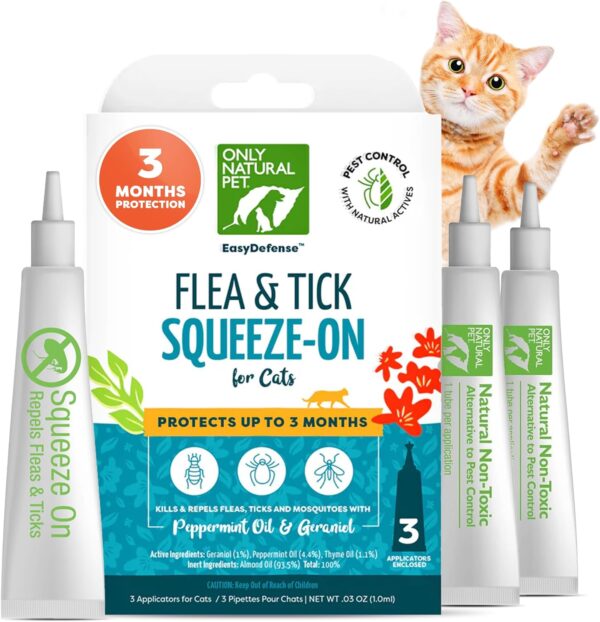 Only Natural Pet Flea and Tick Prevention for Cats - EasyDefense Flea Remedy - Natural Flea Control Squeeze-On Drops - Tick and Flea Protection - Three Months Supply (Single)