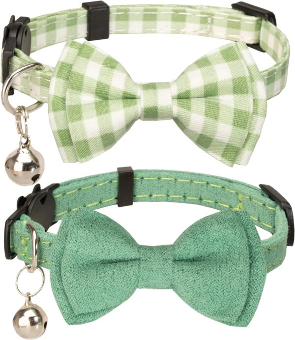 Cat Collar with Bell Girl Boy Kitten Bow Tie Safety Breakaway Plaid Solid Color Gift Set Spring Pink Cute [2pcs] Green