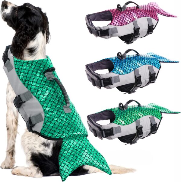 Dog Life Jacket for Large Dogs, Dog Safety Jacket Dog Life Vest for Swimming Boating Kayaking, Mermaid Dog Lifejacets Dog Floatation Vest, Dog Pool Float Dog Water Vest for Lab Huskies, Green, Large