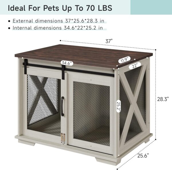 GAOMON 37'' Sliding Barn Door Dog Crate Furniture with Flip Top and Movable Divider, Wooden Dog Crate Table, Dog Kennel Side End Table, Furniture Style Large Dog House, White - Image 5