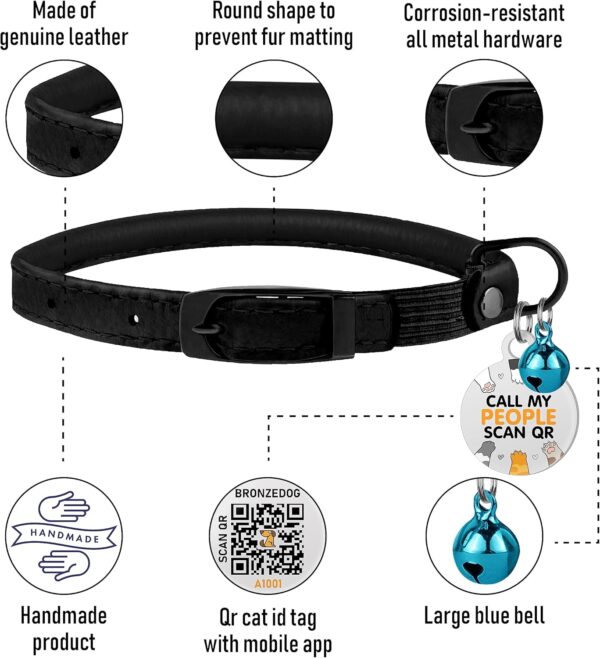 BRONZEDOG Cat Collar with Bell Kitten Rolled Leather Collars Safety QR ID Name Tag (Black Midnight) - Image 2