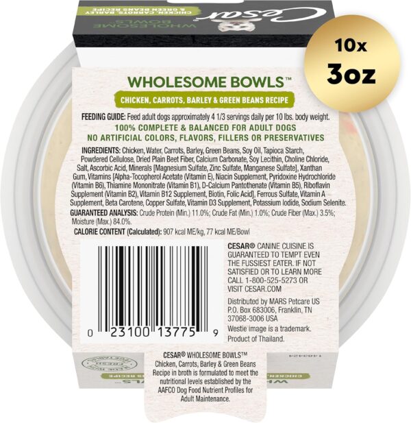 CESAR WHOLESOME BOWLS Adult Soft Wet Dog Food, Chicken, Carrots, Barley & Green Beans Recipe, 3 oz., Pack of 10 - Image 2