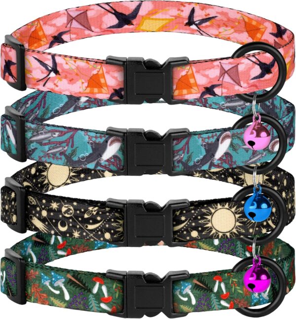 4PCS Breakaway Cat Collars with Bell, Cute Kitty Adjustable Safe Kitten Collars, 4-Pack, Nylon Pet Collars Space Mushrooms Shark Birds Print (Nature) - Image 9