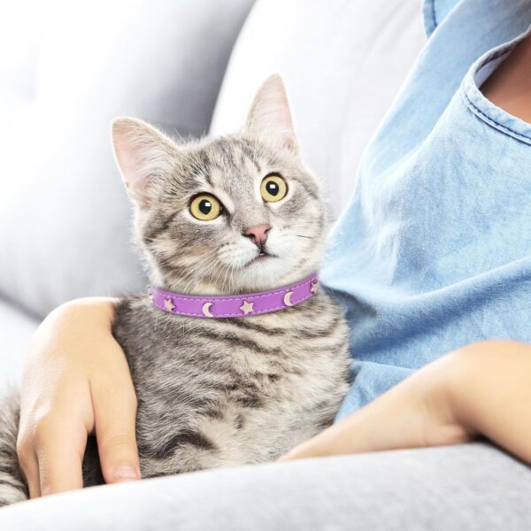 2PCS Leather Cat Collars,Cat Collar with Bells Stylish Moon & Star Rivets Adjustable Kitten Collars Cat Collar for Girl Cats,Purple&Pink(XS) - Image 7