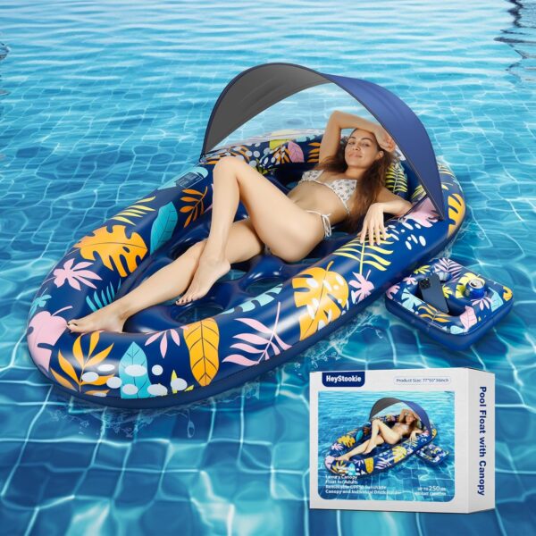 Pool Float Lounger with Detachable Sunshade,Pillow, and Cup Holder, 3-in-1 Pool Floats Adult 77"X50", XL Multi-Purpose Inflatable Pool Toys for Pool Party, Beach, Lake, River, Sea, Outdoor