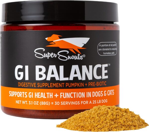 Super Snouts GI Balance Digestive Supplement for Dogs & Cats, 3.1 oz Pumpkin Powder for Dogs & Prebiotic Gut Health, Immune Support