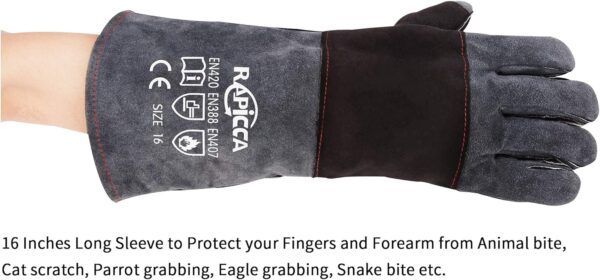 RAPICCA Animal Handling Gloves Bite Proof Double Leather Reinforced Padding Dog,Cat Scratch,Bird Handling Falconry Gloves Grabbing Reptile Squirrel Snake Bite 16in Grey-Black - Image 5