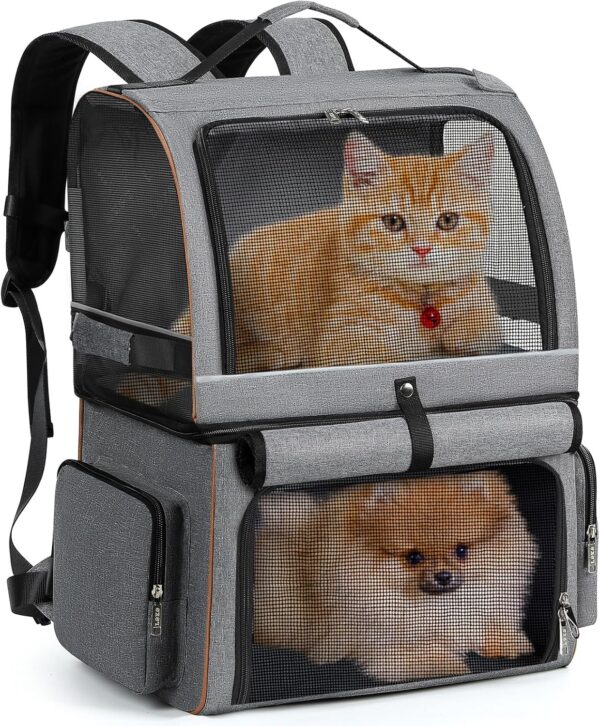 Lekebobor Double Cat Backpack Carrier for 2 Cats, Double-Compartment Pet Carrier Backpack for Two Small Cats or One Medium Dogs, Cats Carrier Backpack Dog Carrier Backpack Fits Up to 24 Lbs,Grey