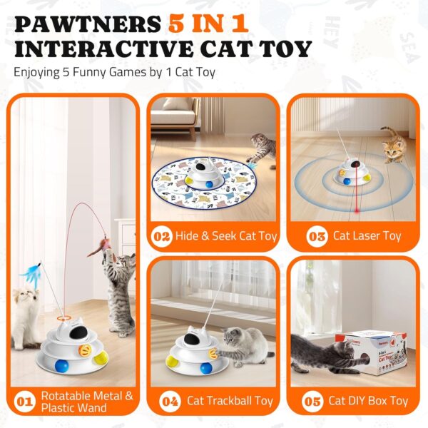 Interactive Cat Toy: 5 in 1 Automatic Cat Toy for Indoor Cats, Rechargeable Hide and Seek Toy with PVC Cover, Battery Operated Kitten Laser Toy, Self Play Fluttering Feather Wand with Track Ball - Image 2