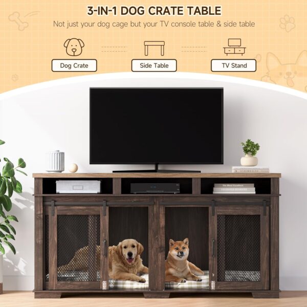 71" Extra Large Dog Crate Furniture,Wooden Double Dog Crates Kennel Cage,Furniture Style TV Stand Side End Table for 2 Dogs with Removable Divider for Large Dogs,Dark Walnut/Light - Image 4