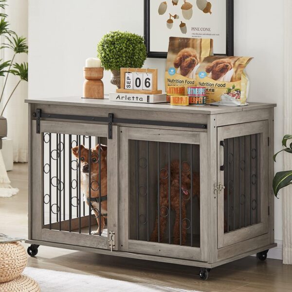 IchbinGo Dog Crate Furniture with Sliding Barn Door, 39" Wooden Dog Kennel End Table with Wheels and Flip-top Plate Dog House with Detachable Divider for Small/Medium/Large Dog (Rustic Grey)