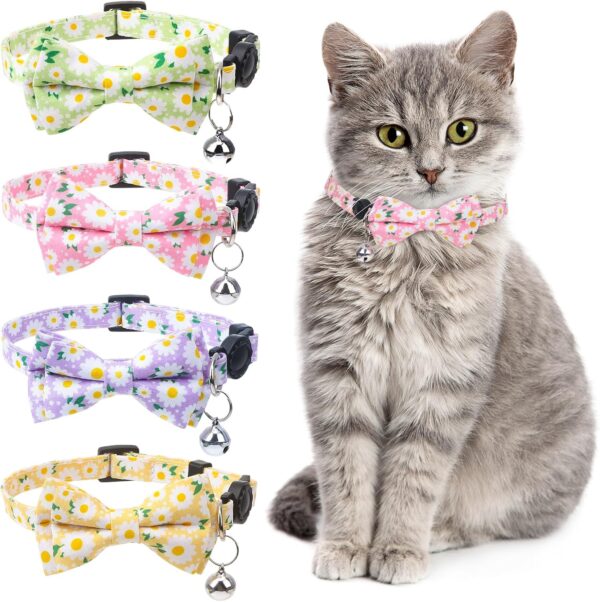 4 Pcs Breakaway Cat Collar with Bow Tie and Bell Floral Cat Kitten Collar with Removable Bowtie Adjustable Safety Collars for Girl Cats