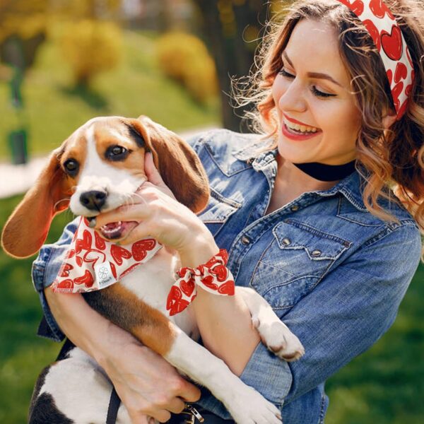 E-Clover Mothers Day Dog Bandana & Matching Scrunchie Set Girl Heart Dog Scarf Bibs with Hair Tie Headbands for Small Puppy Dogs Owner Mom Gift Outfit Red - Image 2