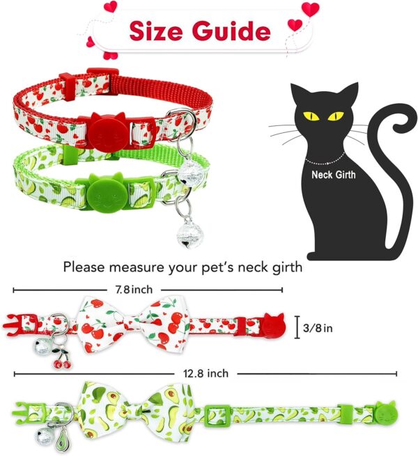 Pohshido 2 Pack Cat Collar with Bow Tie and Bell, Kitty Kitten Summer Cherry and Avocado Collar Breakaway Collar for Males Females Boys and Girls Cats (Cherry+Avocado) - Image 2