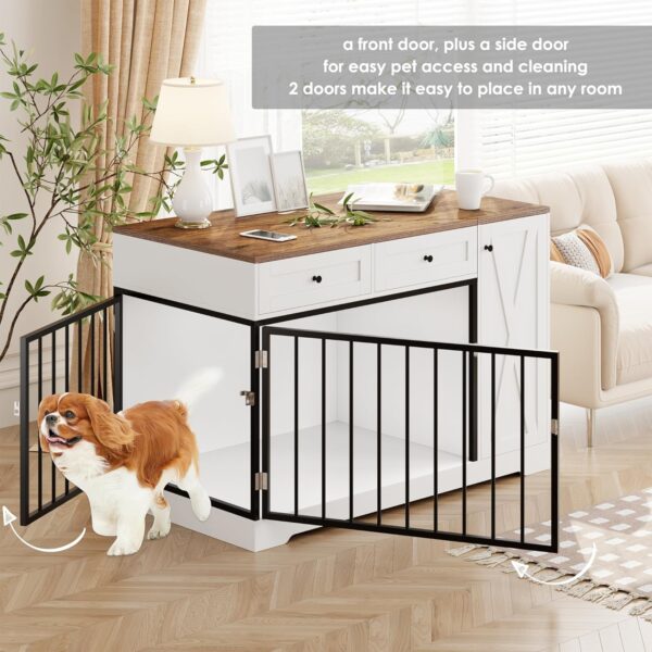 Dog Crate Furniture Kennel with Double Doors Wooden Pet House with 2 Drawers and Storage Cabinet, Indoor Dog Cage Farmhouse Modern Side End Table for Small Medium Dogs, White - Image 4