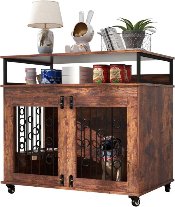 Bonzy Home Dog Crate Furniture for Medium Dogs, Wooden Indoor Dog Kennel, Decorative Dog Crate End Table with Lockable Wheels, Double Doors, 2 Stainless Steel Bowls and Storage Shelves