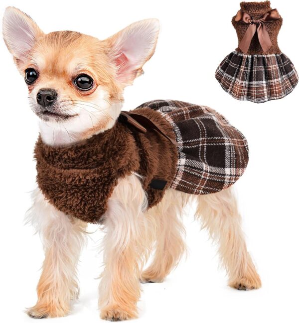 Winter Dog Clothes, Cute Warm Fleece Dog Hooded Sweater, for Small Dogs Girl, Pink Plaid Puppy Dresses Clothes for Chihuahua Yorkie,Cat Apparel (Brown, X-Small)