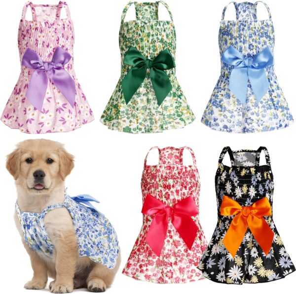 Sanwuta 5 Pieces Dog Bowknot Floral Dress Pet Princess Dresses Small Dog Dress Cute Colored Flower Small Girl Dog Clothes Small Dog Outfits Puppy Summer Sundress for Small Pets Dogs Puppy (Large)