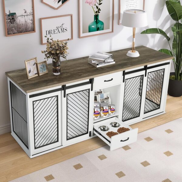 Extra Large Dog Crate Furniture, 85" Sliding Door Double Kennel for 2 Large Dogs Divided, Heavy Duty Wooden Dog Crate Kennel Furniture with 4 Dog Bowls and Drawer Indoor, White