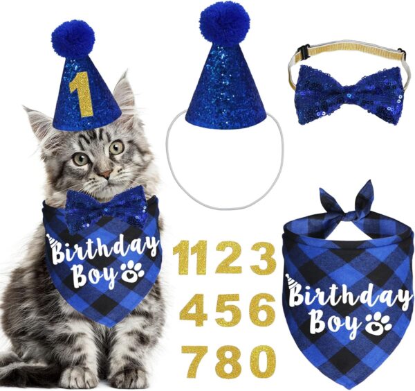 Cat Birthday Party Supplies, Plaid Cat Kitten Birthday Boy Bandanas with Cat Birthday Hat Cat Bow Tie Birthday Number for Cat Kitten Birthday Decorations