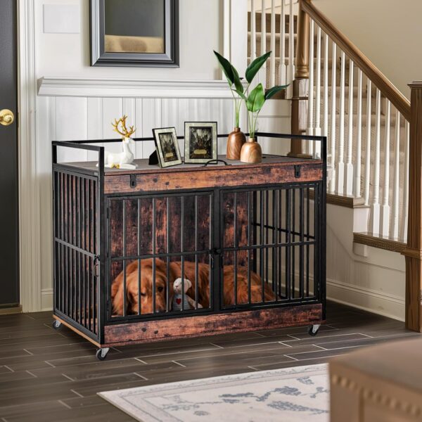 Extra Large Dog Crate Furniture, Dog Crates Furniture for Medium/Large Dogs Indoor, Heavy Duty Dog House with Wheels, Feeder Bowls & Flip Top, Large Dog Crate 43.7" L x 29.9" W x 37.8" H - Image 9