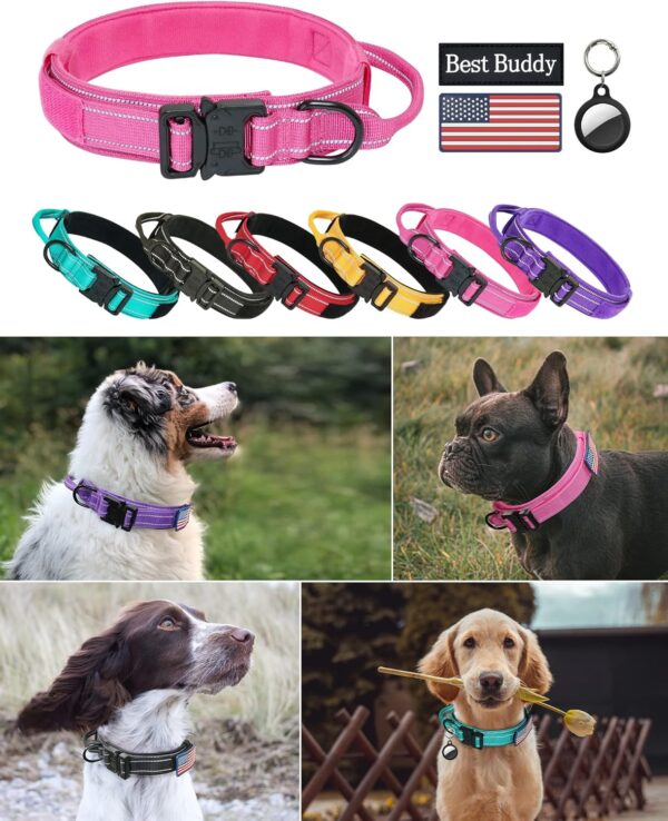 Reflective Dog Collar, Tactical Dog Collar for Medium Dogs, Heavy Duty Dog Collars with Handle and Metal Buckle Great for Female Dogs Training, with Airtag case and 2 Patches(Pink, L) - Image 6