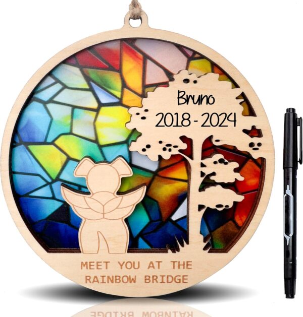 Stained Glass Dog Memorial Gifts for Loss of Dog, Rainbow Bridge Pet Memorial Gifts for Dogs, Loss of Dog Sympathy Gift, Personalized Dog Ornaments with Name Date for Pet Lovers (Design 1)