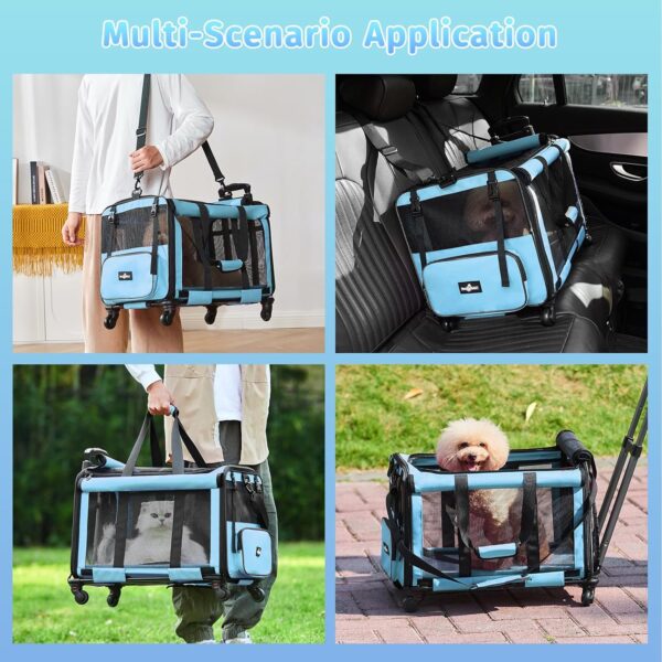 Large Cat Carrier with Wheels, Foldable Rolling Cat Carrier for 2 Cats with Wheels for Cat Dog Under 30 lbs, Cat Carrier Travel Bag with Large Pocket for Outdoor, Blue - Image 7