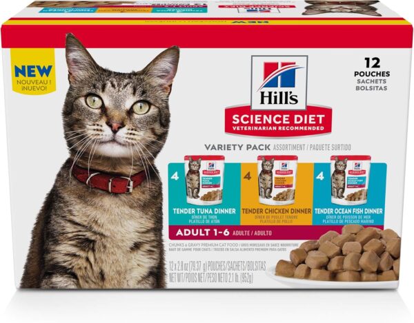 Hill's Science Diet Adult 1-6, Adult 1-6 Premium Nutrition, Wet Cat Food, Variety Case: Tuna, Chicken, Ocean Fish Stew, 2.8 oz Pouch Variety Case, Case of 12