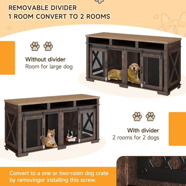 71" Extra Large Dog Crate Furniture,Wooden Double Dog Crates Kennel Cage,Furniture Style TV Stand Side End Table for 2 Dogs with Removable Divider for Large Dogs,Dark Walnut/Light - Image 5